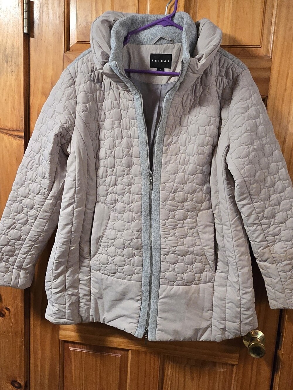 Tribal Quilted Hooded Puffer Jacket in Light Taupe